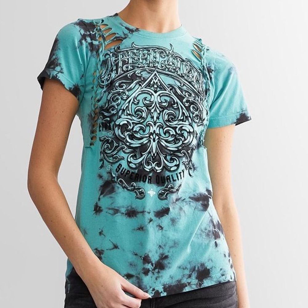 Affliction Women's 2XL Blue Graphic Gothic Sleeveless Tee With Cutout Back